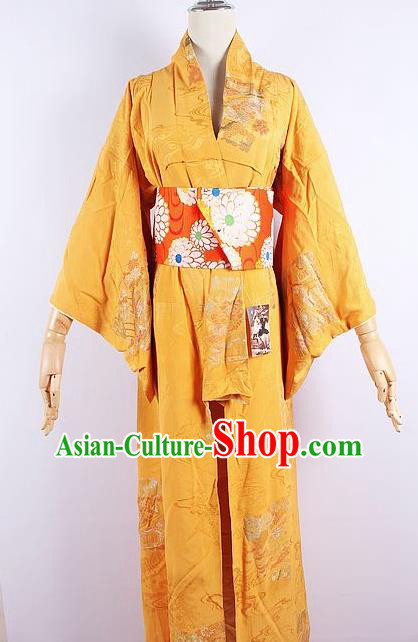 Asian Japanese Ceremony Printing Dragon Boat Yellow Kimono Dress Traditional Japan Yukata Costume for Women