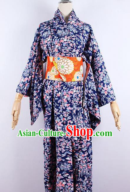 Asian Japanese Ceremony Printing Royalblue Kimono Dress Traditional Japan Yukata Costume for Women