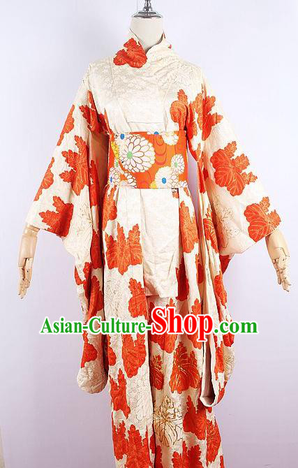 Asian Japanese Ceremony Printing Red Leaf Kimono Dress Traditional Japan Yukata Costume for Women