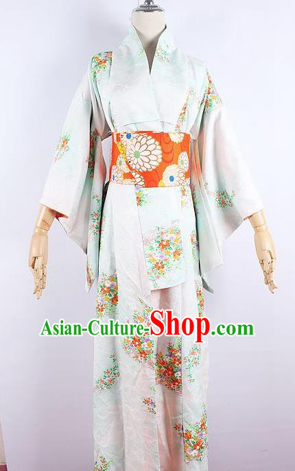 Asian Japanese Ceremony Printing Primrose White Kimono Dress Traditional Japan Yukata Costume for Women