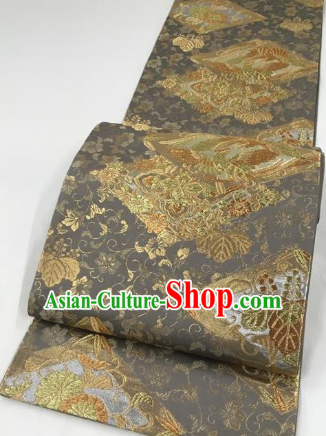 Japanese Traditional Classical Leaf Pattern Deep Grey Kimono Brocade Accessories Asian Japan Yukata Belt for Women