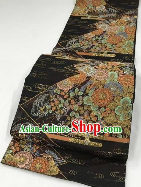 Japanese Traditional Classical Chrysanthemum Pattern Black Waistband Kimono Brocade Accessories Asian Japan Yukata Belt for Women