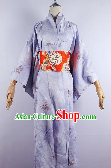 Asian Japanese Ceremony Printing Sakura Light Purple Kimono Dress Traditional Japan Yukata Costume for Women