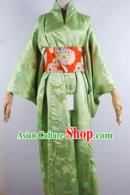 Asian Japanese Ceremony Green Silk Kimono Dress Traditional Japan Yukata Costume for Women