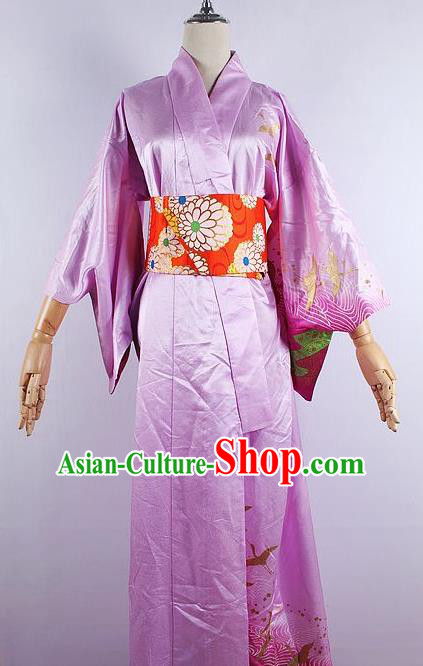 Asian Japanese Ceremony Lilac Silk Kimono Dress Traditional Japan Yukata Costume for Women