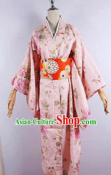 Japanese Ceremony Costume Printing Peony Pink Silk Kimono Dress Traditional Asian Japan Yukata for Women