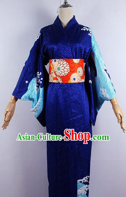 Japanese Ceremony Costume Printing Royalblue Silk Kimono Dress Traditional Asian Japan Yukata for Women