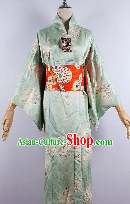 Japanese Ceremony Costume Printing Green Silk Kimono Dress Traditional Asian Japan Yukata for Women