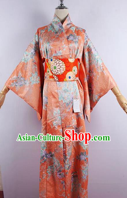 Japanese Ceremony Costume Printing Orange Silk Kimono Dress Traditional Asian Japan Yukata for Women