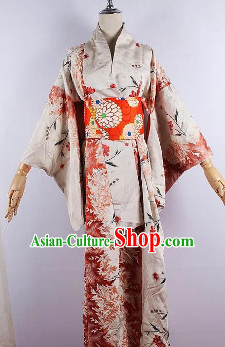Japanese Ceremony Costume Printing Khaki Silk Kimono Dress Traditional Asian Japan Yukata for Women