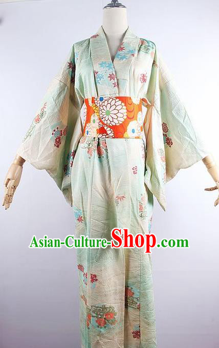 Japanese Ceremony Costume Printing Maple Leaf Green Silk Kimono Dress Traditional Asian Japan Yukata for Women