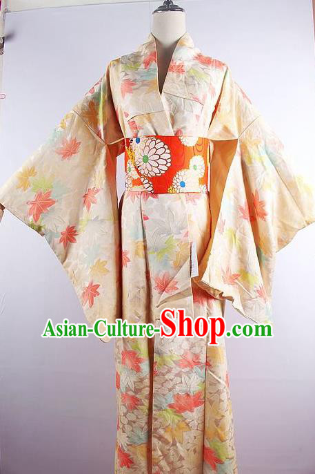 Japanese Ceremony Costume Printing Maple Leaf Silk Kimono Dress Traditional Asian Japan Yukata for Women