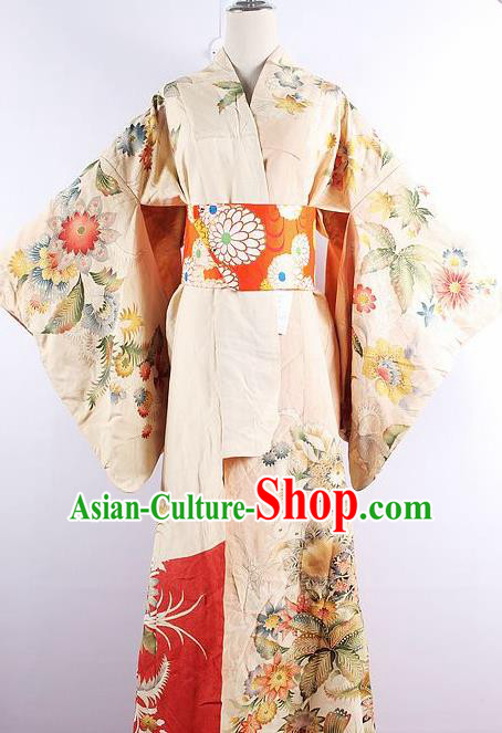Japanese Ceremony Costume Printing Flowers Silk Kimono Dress Traditional Asian Japan Yukata for Women