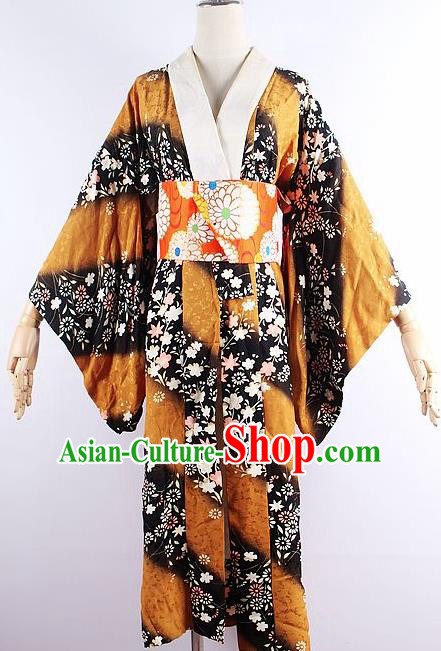 Japanese Ceremony Costume Printing Sakura Ginger Silk Kimono Dress Traditional Asian Japan Yukata for Women