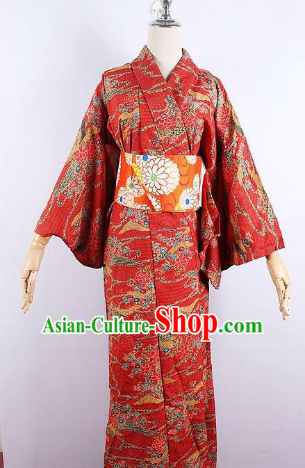 Asian Japanese Ceremony Printing Sakura Red Kimono Dress Traditional Japan Yukata Costume for Women