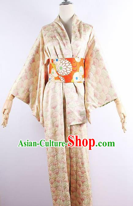 Japanese Ceremony Costume Printing Light Golden Silk Kimono Dress Traditional Asian Japan Yukata for Women