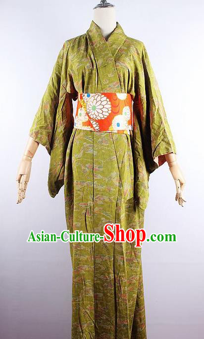 Japanese Ceremony Costume Olive Green Silk Kimono Dress Traditional Asian Japan Yukata for Women