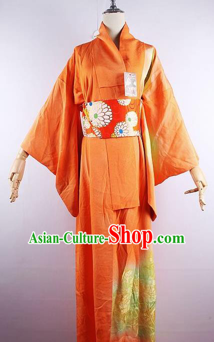 Japanese Ceremony Costume Orange Silk Kimono Dress Traditional Asian Japan Yukata for Women