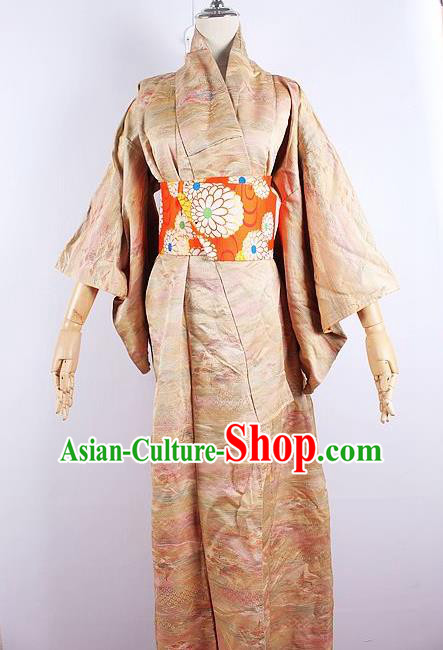 Asian Japanese Ceremony Printing Champagne Kimono Dress Traditional Japan Yukata Costume for Women