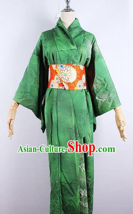 Asian Japanese Ceremony Printing Pine Green Kimono Dress Traditional Japan Yukata Costume for Women