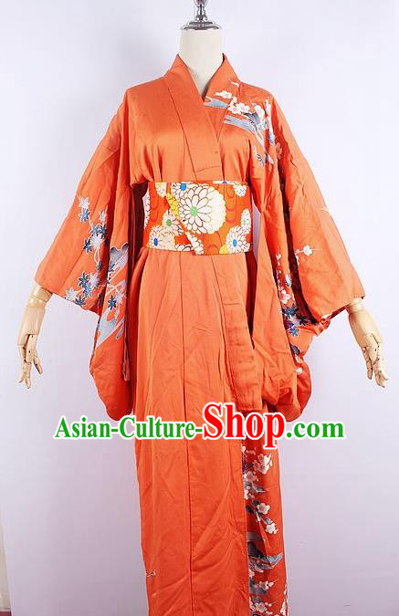 Asian Japanese Ceremony Printing Plum Orange Kimono Dress Traditional Japan Yukata Costume for Women