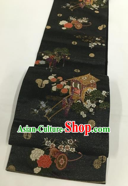 Japanese Classical Peony Gharry Pattern Black Nishijin Waistband Traditional Kimono Brocade Accessories Asian Japan Yukata Belt for Women