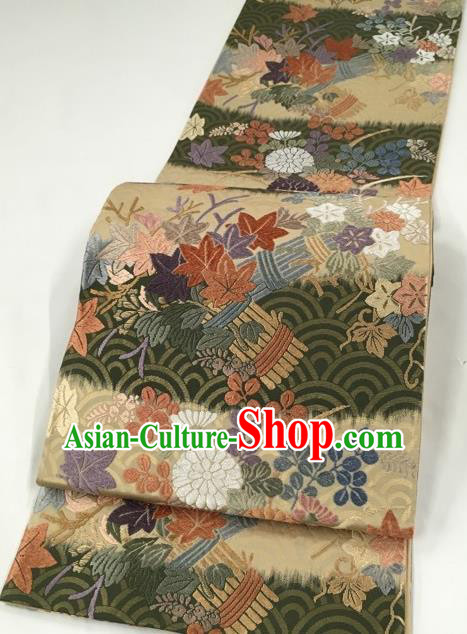 Traditional Japanese Classical Maple Leaf Pattern Atrovirens Nishijin Waistband Kimono Brocade Accessories Yukata Belt for Women