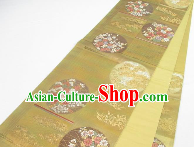 Traditional Japanese Classical Bamboo Leaf Pattern Golden Nishijin Waistband Kimono Brocade Accessories Yukata Belt for Women