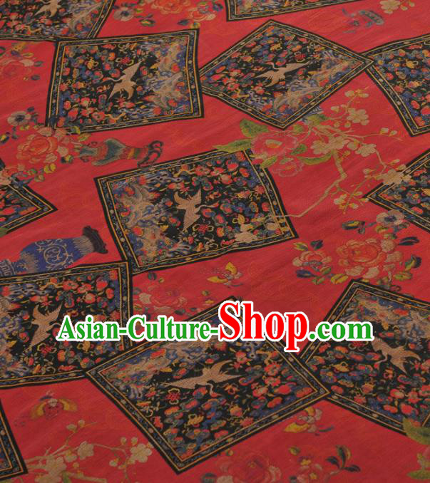 Chinese Traditional Classical Crane Wintersweet Pattern Design Red Gambiered Guangdong Gauze Asian Brocade Silk Fabric