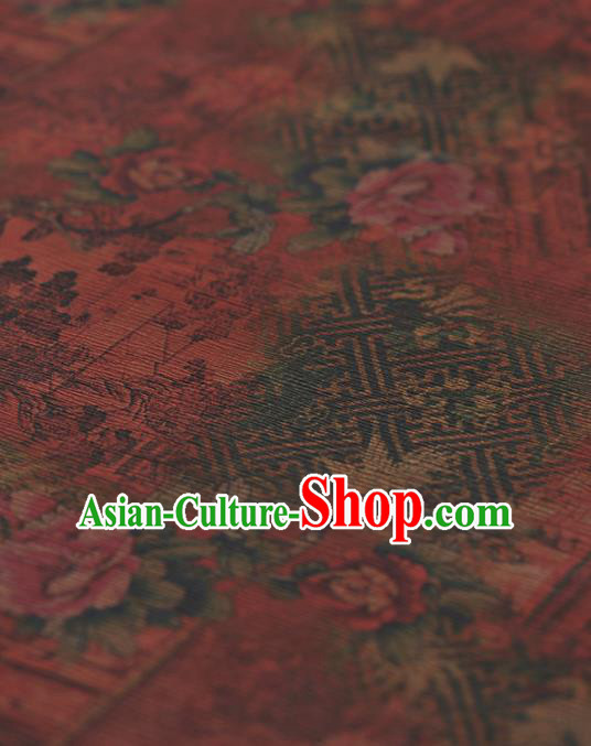 Chinese Traditional Classical Peony Pavilion Pattern Design Red Gambiered Guangdong Gauze Asian Brocade Silk Fabric