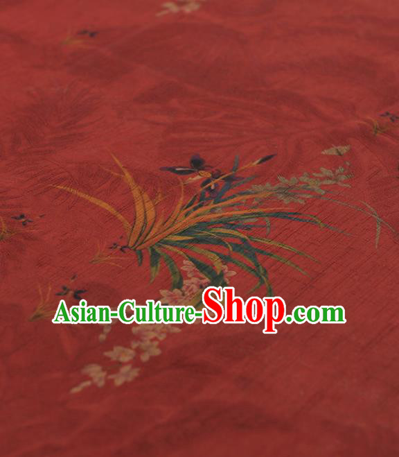 Chinese Traditional Classical Orchid Pattern Design Red Gambiered Guangdong Gauze Asian Brocade Silk Fabric