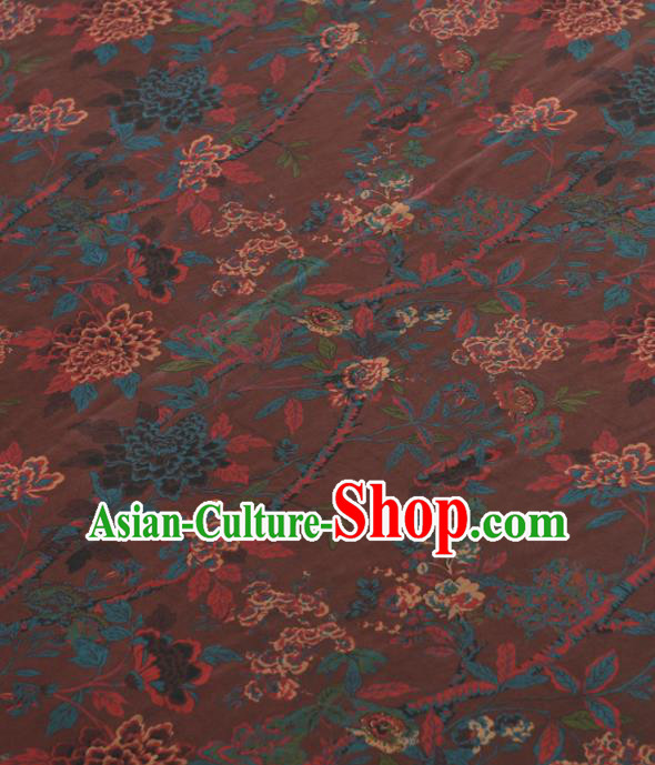 Chinese Traditional Flowers Pattern Design Brown Gambiered Guangdong Gauze Asian Brocade Silk Fabric