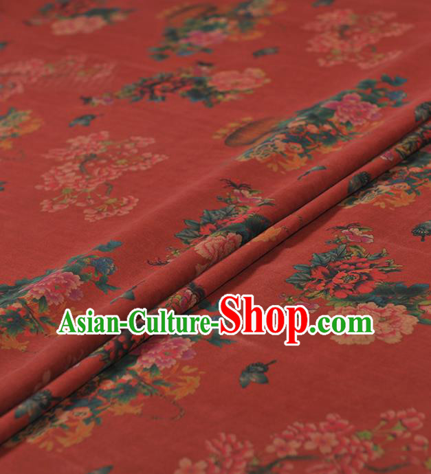 Chinese Traditional Classical Peony Flowers Pattern Design Red Gambiered Guangdong Gauze Asian Brocade Silk Fabric