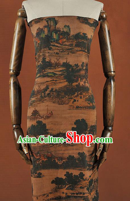 Chinese Traditional Classical Changan View Pattern Design Brown Gambiered Guangdong Gauze Asian Brocade Silk Fabric