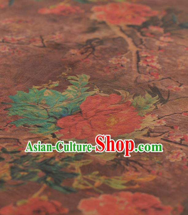 Chinese Traditional Peony Wintersweet Pattern Design Brown Gambiered Guangdong Gauze Asian Brocade Silk Fabric