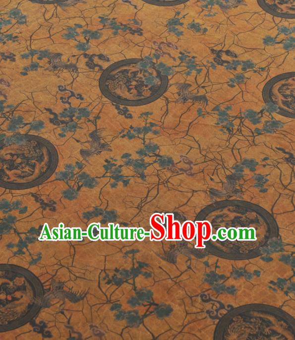 Chinese Traditional Dragon Phoenix Crane Pattern Design Yellow Gambiered Guangdong Gauze Asian Brocade Silk Fabric