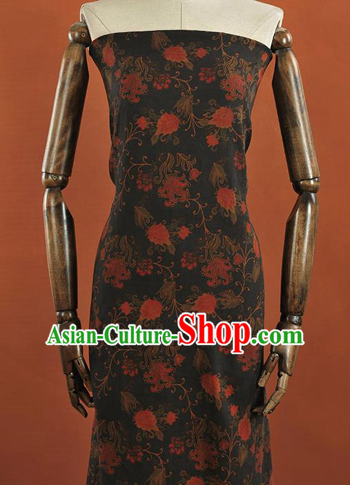 Chinese Traditional Chrysanthemum Pattern Design Black Gambiered Guangdong Gauze Asian Brocade Silk Fabric