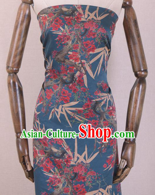 Chinese Classical Bamboo Plum Blossom Pattern Design Blue Gambiered Guangdong Gauze Traditional Asian Brocade Silk Fabric