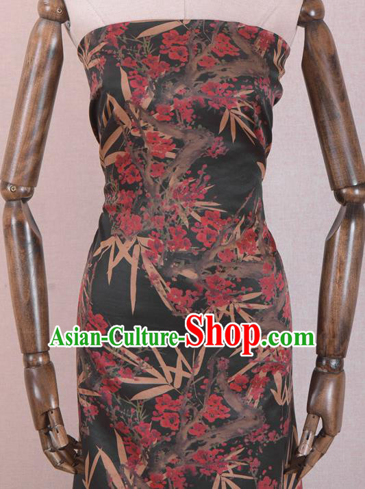 Chinese Classical Bamboo Plum Blossom Pattern Design Black Gambiered Guangdong Gauze Traditional Asian Brocade Silk Fabric
