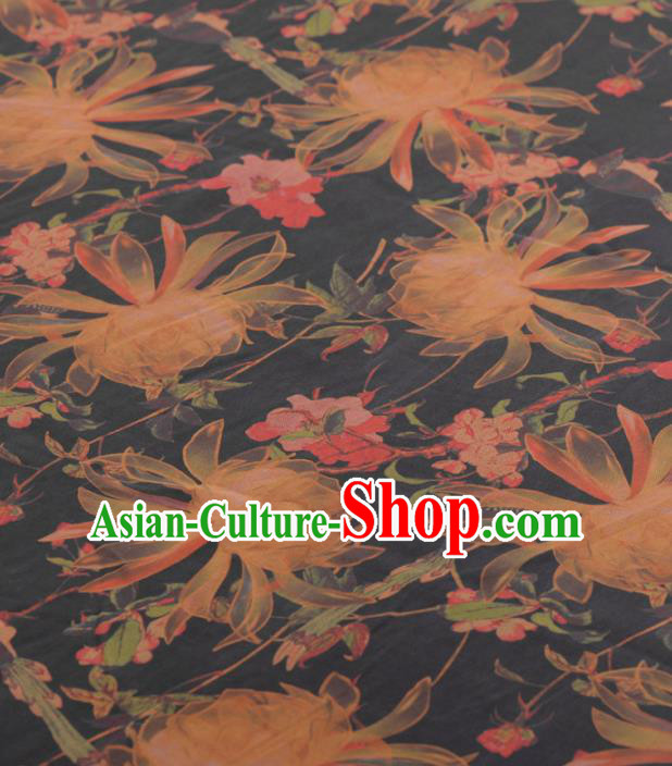 Chinese Classical Ottelia Acuminata Pattern Design Black Gambiered Guangdong Gauze Traditional Asian Brocade Silk Fabric