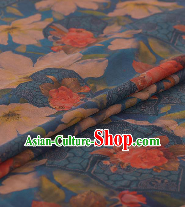 Chinese Classical Roses Pattern Design Blue Gambiered Guangdong Gauze Traditional Asian Brocade Silk Fabric