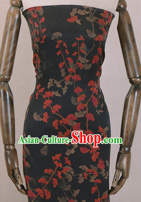 Asian Chinese Classical Ginkgo Leaf Pattern Design Black Gambiered Guangdong Gauze Traditional Cheongsam Brocade Silk Fabric