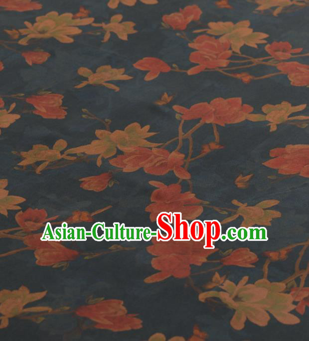 Asian Chinese Classical Magnolia Pattern Design Navy Gambiered Guangdong Gauze Traditional Cheongsam Brocade Silk Fabric