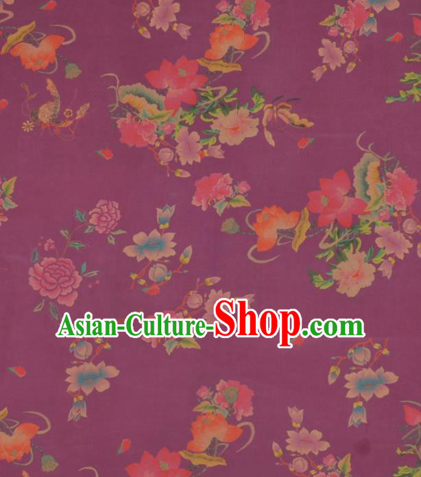 Chinese Classical Lotus Peony Pattern Design Purple Gambiered Guangdong Gauze Traditional Asian Brocade Silk Fabric