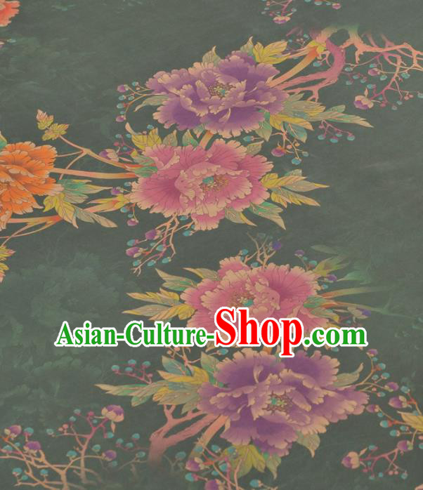 Chinese Classical Peony Pattern Design Olive Green Gambiered Guangdong Gauze Traditional Asian Brocade Silk Fabric