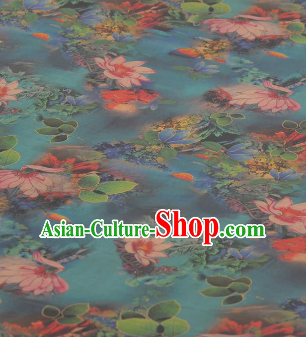 Asian Chinese Classical Lotus Pattern Green Gambiered Guangdong Gauze Traditional Cheongsam Brocade Silk Fabric