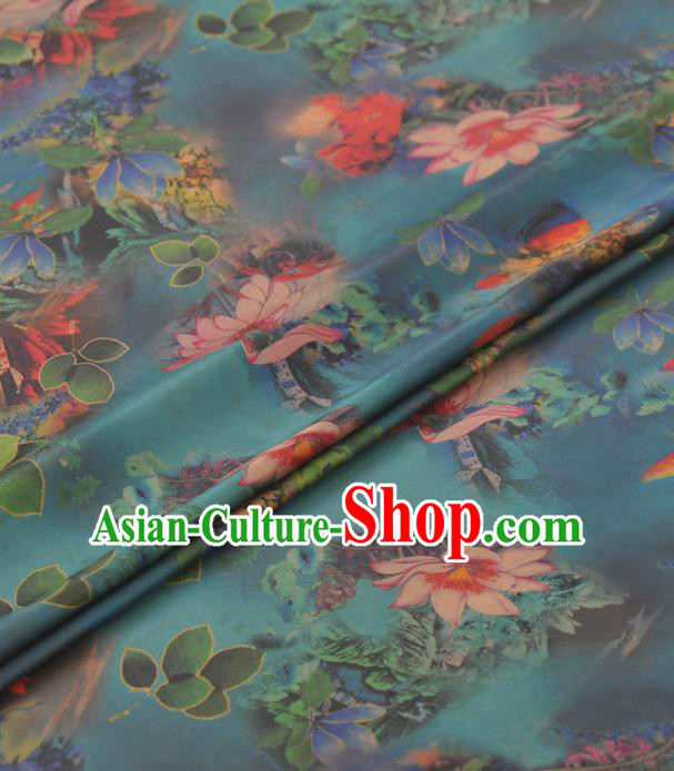 Asian Chinese Classical Lotus Pattern Green Gambiered Guangdong Gauze Traditional Cheongsam Brocade Silk Fabric