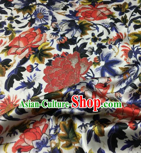 Asian Chinese Classical Peony Pattern White Brocade Satin Drapery Traditional Cheongsam Brocade Silk Fabric