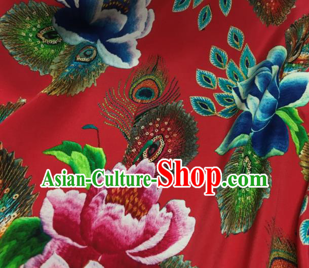 Asian Chinese Classical Lotus Pattern Red Brocade Satin Drapery Traditional Cheongsam Brocade Silk Fabric