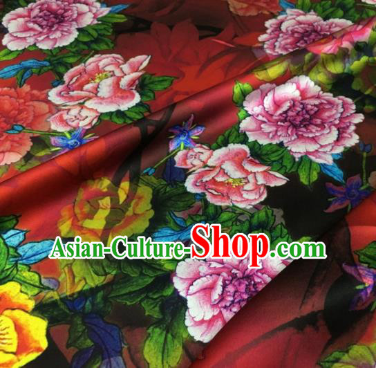 Asian Chinese Classical Peony Pattern Red Brocade Satin Drapery Traditional Cheongsam Brocade Silk Fabric